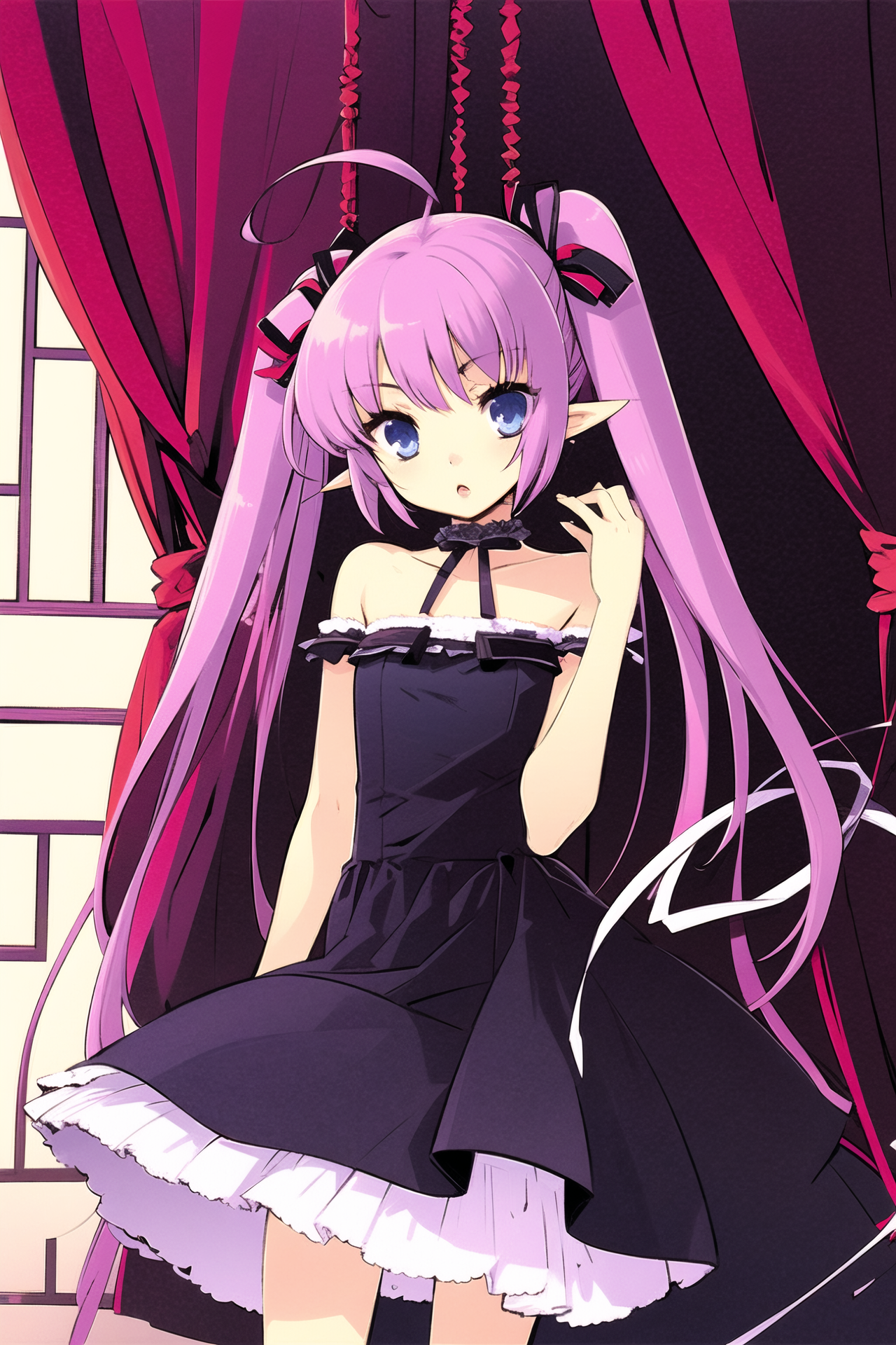 05581-3360507914-1girl, twintails, pointy ears, blue eyes, solo, pink hair, long hair, stuffed toy, purple hair, curtains, ahoge, stuffed animal,.png